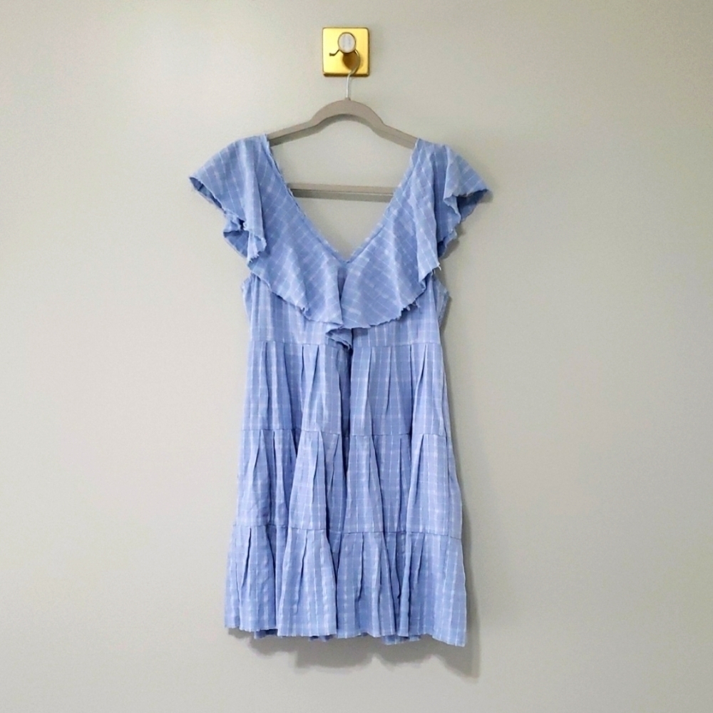 Fate Mini Dress Medium Plaid Blue White Ruffle Cap Sleeve Pockets Tiered Smocked